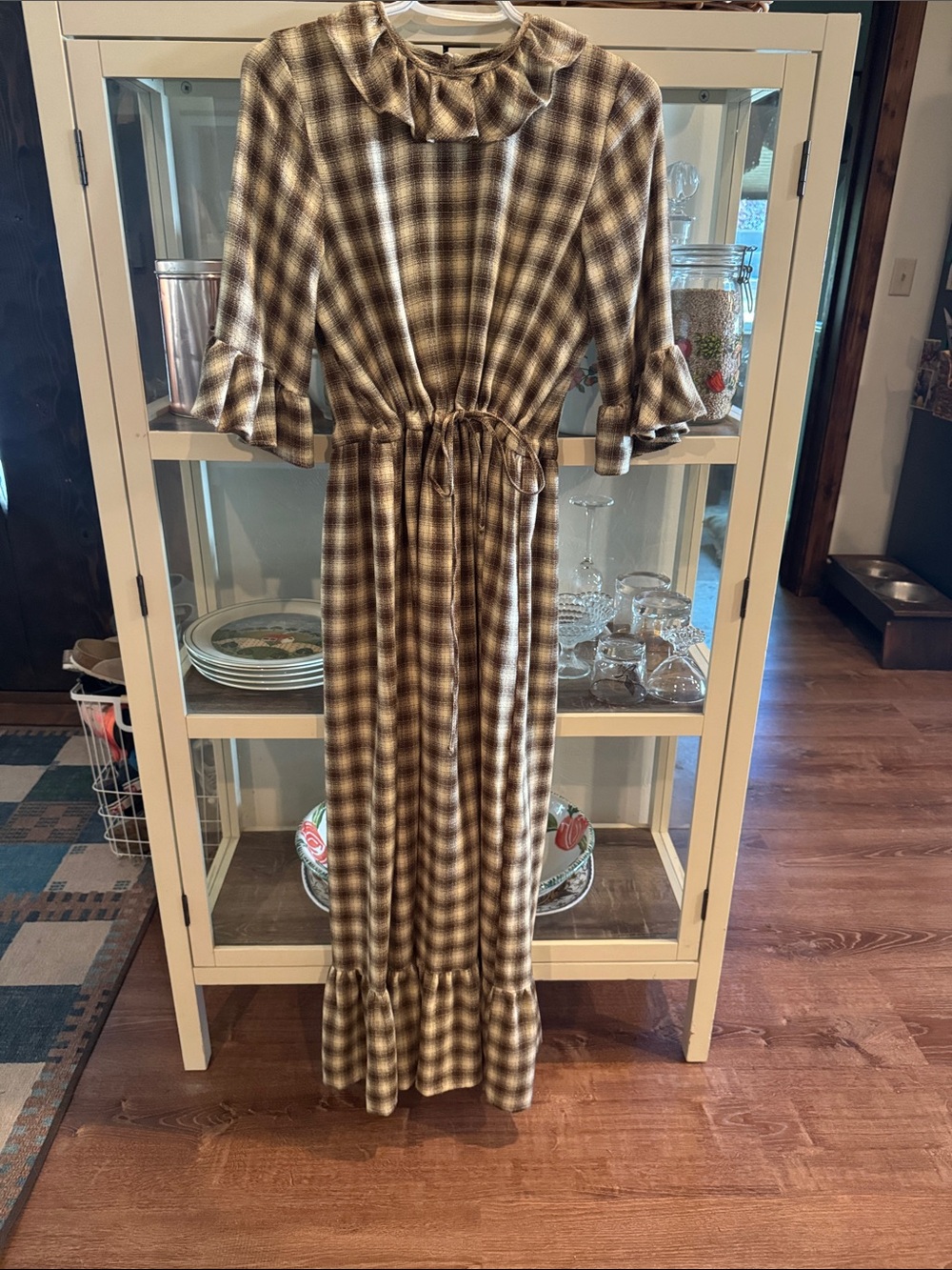 Christy Dawn Brown Plaid Ruffle-Neck Maxi Dress